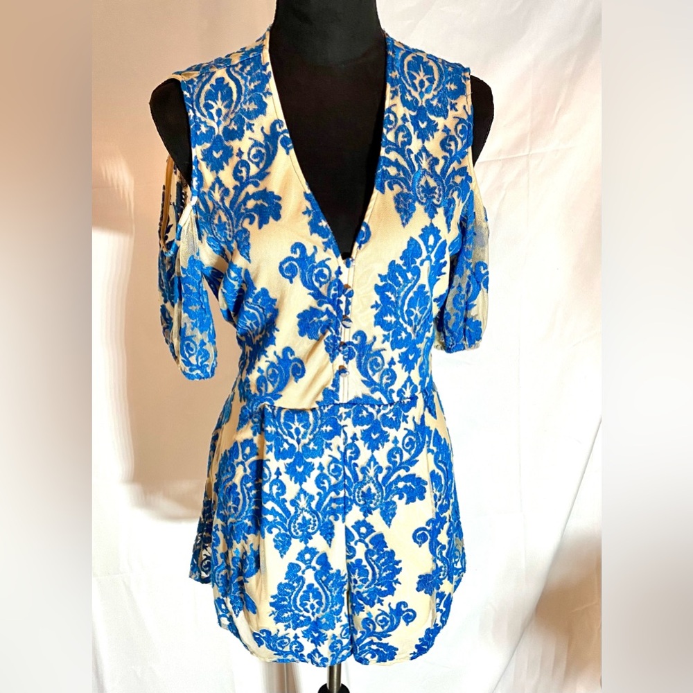 L, Cobalt, brocade embroidered bare shoulder romper